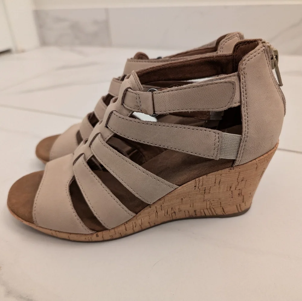 Women's Beige Strappy Wedge Sandals Size 6.5